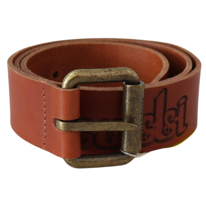 Cintura fibbia metallo rustico bronzo logo pelle marrone - 85 CM /