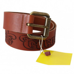 Cintura fibbia metallo rustico bronzo logo pelle marrone - 85 CM /