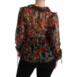 Top in seta con camicetta nera con rose floreali - IT36 - XS