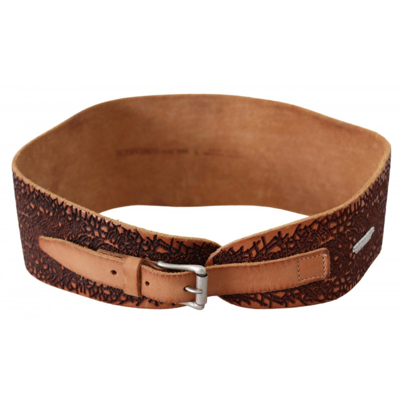 Cintura con logo ricamato in pelle marrone larga - 85 CM / 34 INCHES
