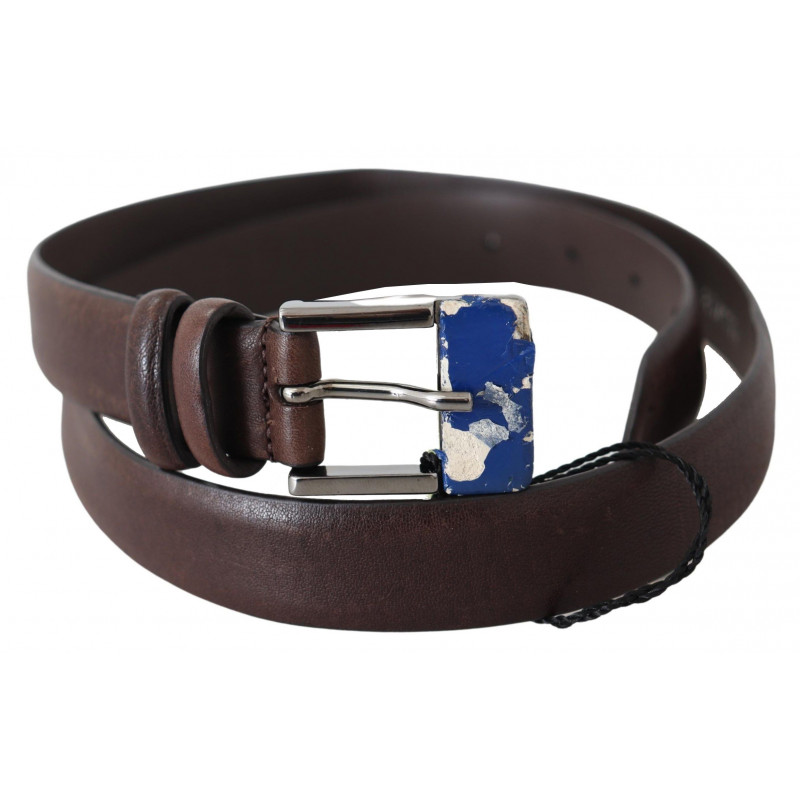 Cintura con fibbia argentata in vera pelle marrone - 85 CM / 34 INCHES