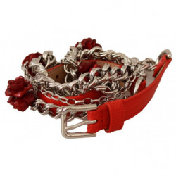 Cintura vita floreale argento rose pelle rossa - 80 CM / 32 INCHES