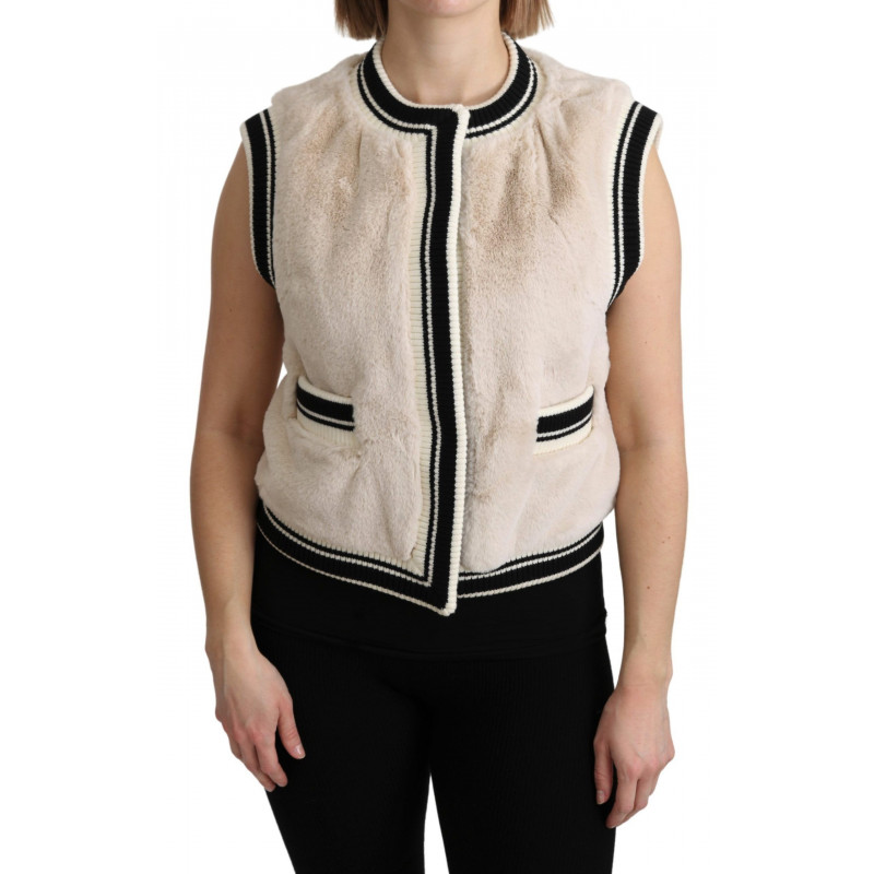 Top in poliestere con gilet senza maniche in pelliccia beige - IT40-S