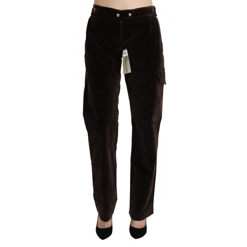 Pantaloni cargo dritti in cotone marrone a vita alta - IT42-M