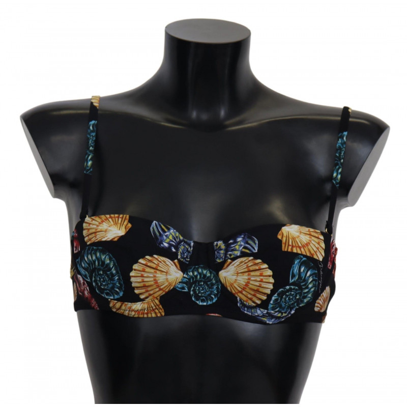 Top bikini da bagno da donna con stampa di conchiglie nere - IT1 - XS