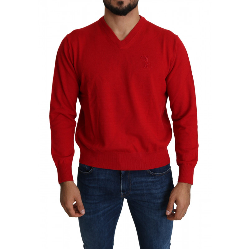 Maglione pullover in felpa di lana con scollo a V rosso - XL