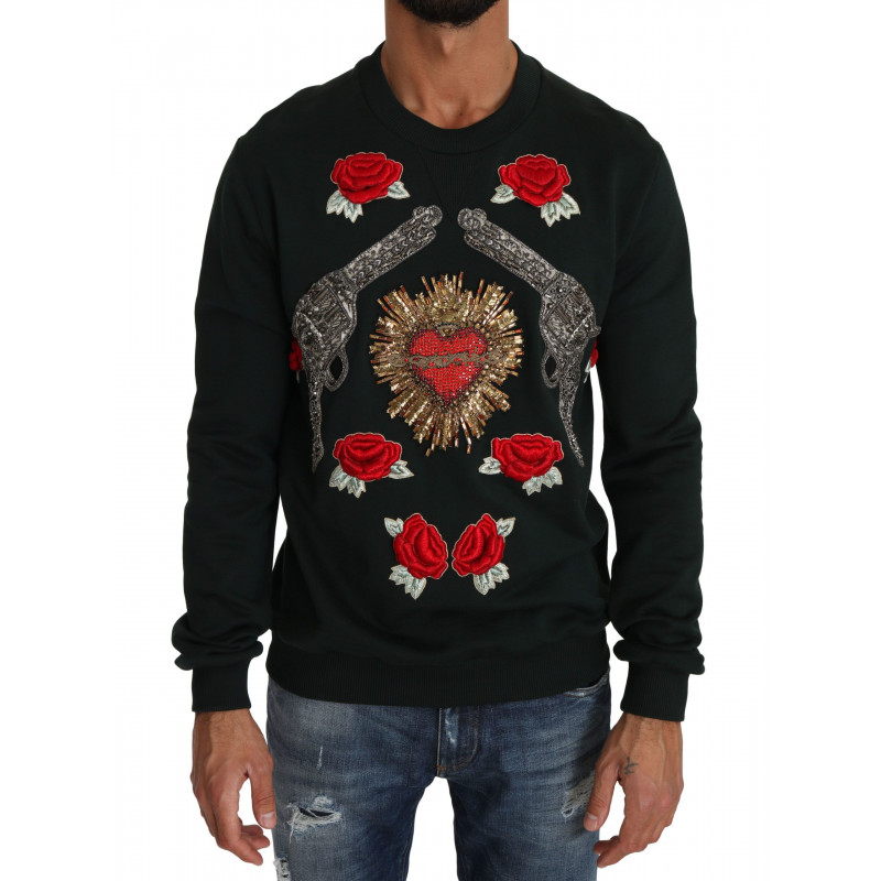 Maglione pistola con rose a cuore di cristallo verde - IT50 - L