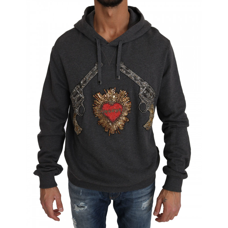 Maglione grigio pistola cuore cristallo rosso cappuccio - IT48 - M