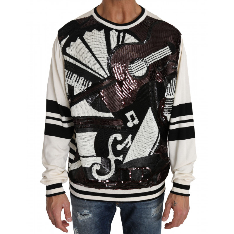 Maglione top pullover chitarra paillettes jazz bianco - IT50 - L