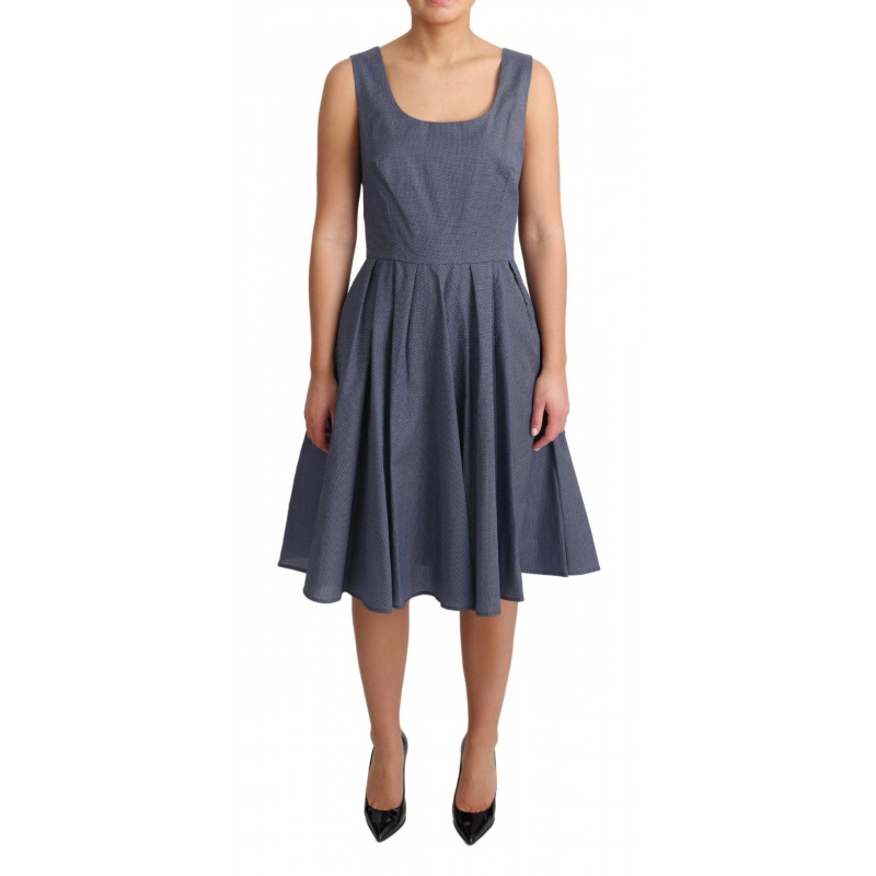 Abito elasticizzato a trapezio in cotone blu a pois - IT44-L