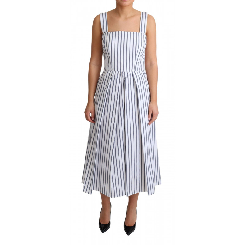 Abito a trapezio in cotone a righe bianco blu - IT40-S