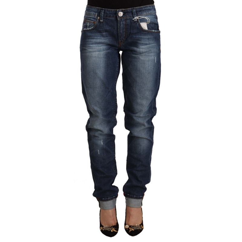 Jeans blu lavati a vita media slim fit con orlo piegato in denim - W27
