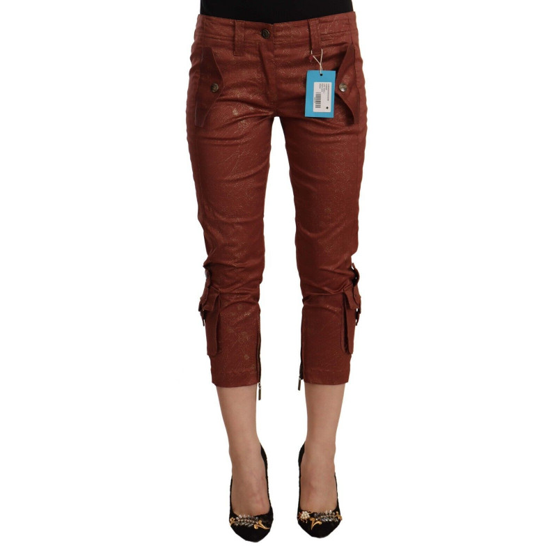 Pantaloni capri corti in cotone a vita media in lurex marrone - IT42-M