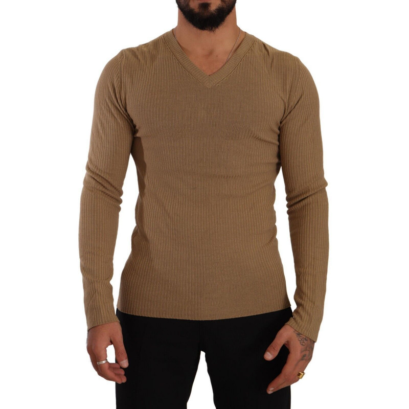 Maglione pullover da uomo scollo V maglia lana marrone - IT48 - M