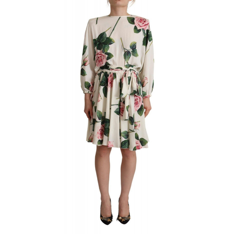 Abito a trapezio a maniche lunghe con stampa rosa bianca - IT38-XS