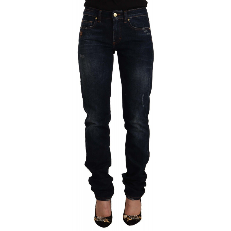 Jeans skinny in denim di cotone a vita media lavato blu scuro - IT44-L