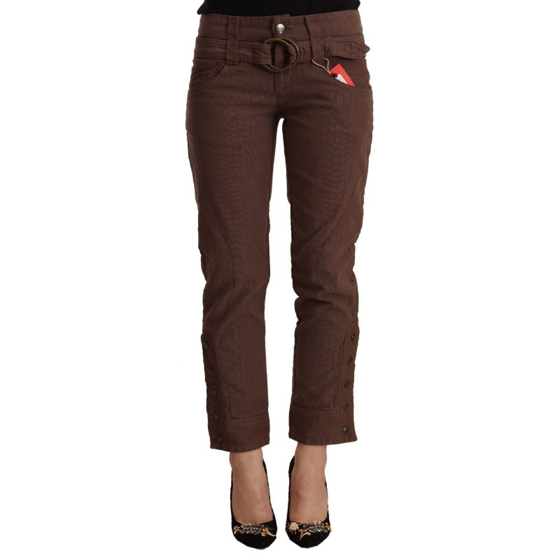 Pantaloni capri corti in cotone marrone a vita media - S