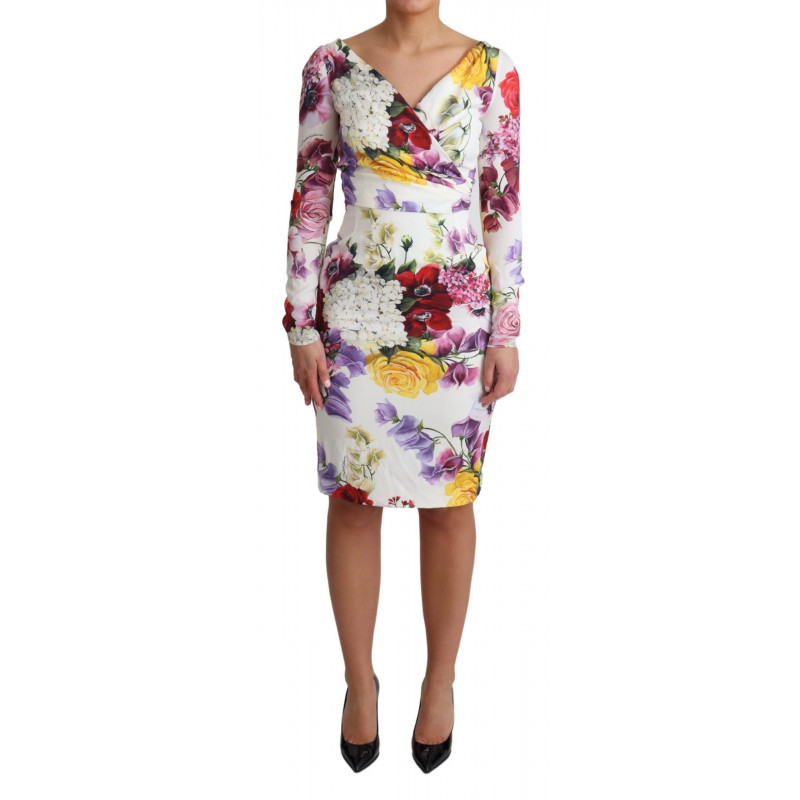 Abito a maniche lunghe in seta con stampa floreale bianca - IT36 - XS