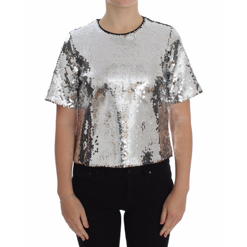 Top t-shirt camicetta girocollo con paillettes argento - IT42-M