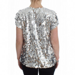 Top t-shirt camicetta girocollo con paillettes argento - IT40
