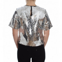 Top t-shirt camicetta girocollo con paillettes argento - IT40-S