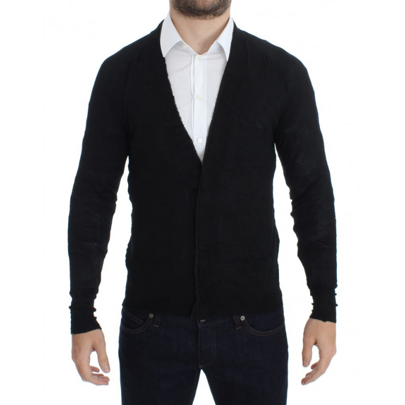 Cardigan con bottoni in lana pregiata nera - M