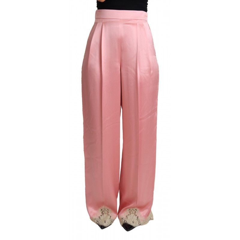 Pantaloni gamba larga raso seta finiture pizzo rosa - IT42-M