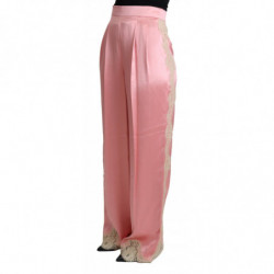 Pantaloni gamba larga raso seta finiture pizzo rosa - IT42-M