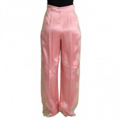 Pantaloni gamba larga raso seta finiture pizzo rosa - IT44-L