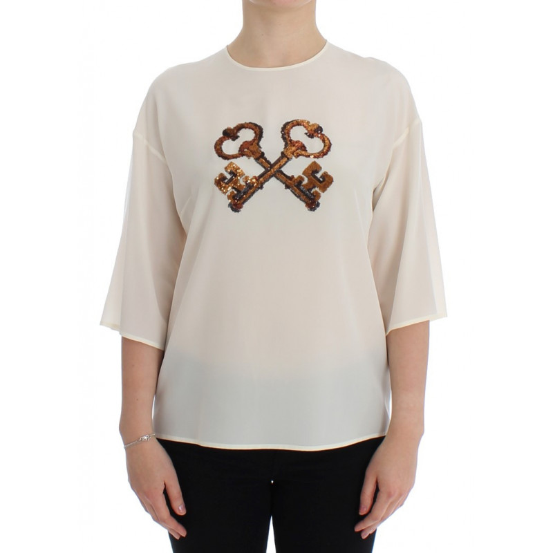 Top t-shirt camicetta seta chiave bianca paillettes - IT42-M