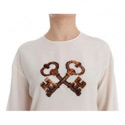 Top t-shirt camicetta seta chiave bianca paillettes - IT42-M