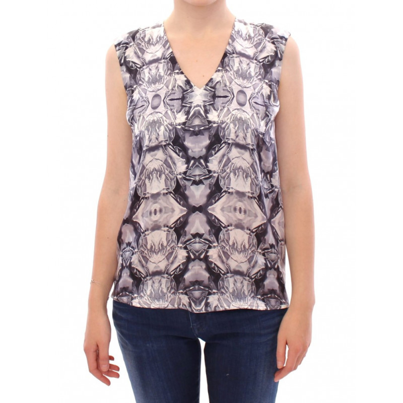 Camicetta senza maniche in seta blu grigia - IT40-S