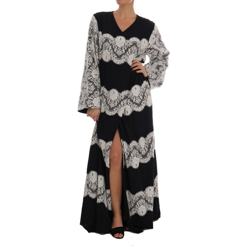 Abito caftano in pizzo floreale di seta nera - IT38-XS