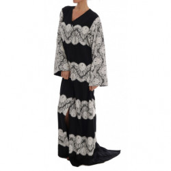 Abito caftano in pizzo floreale di seta nera - IT38-XS