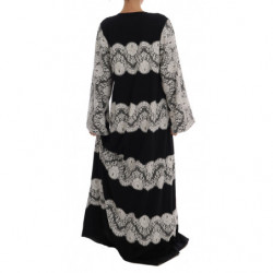 Abito caftano in pizzo floreale di seta nera - IT38-XS