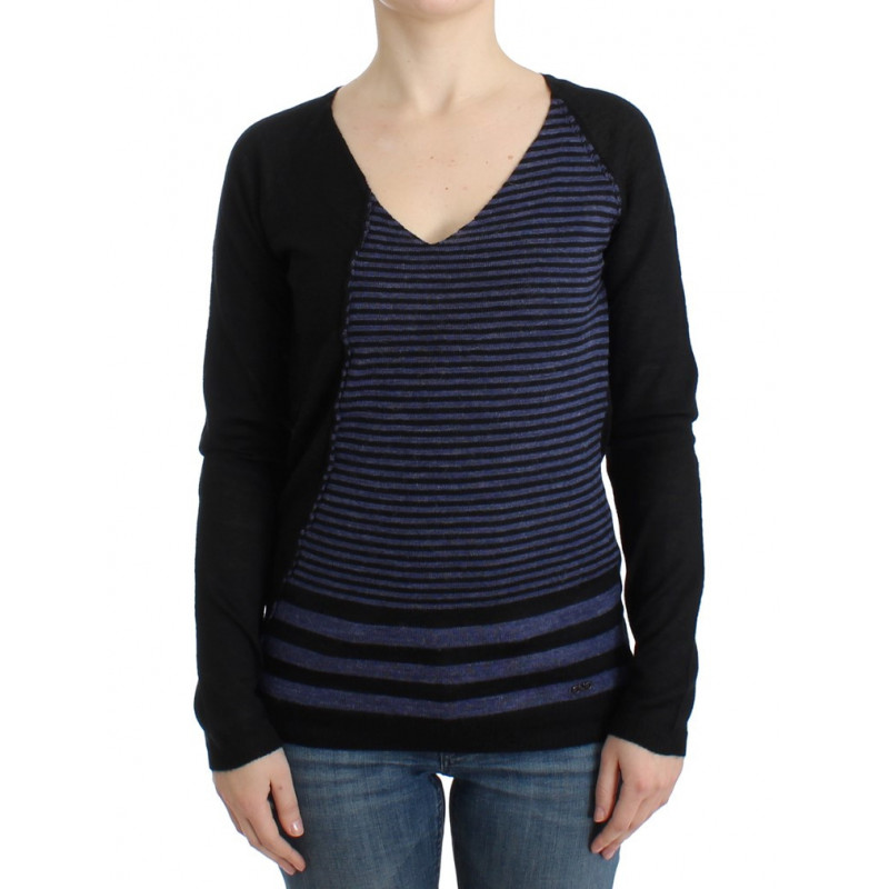 Maglione scollo a V a righe nere - XS