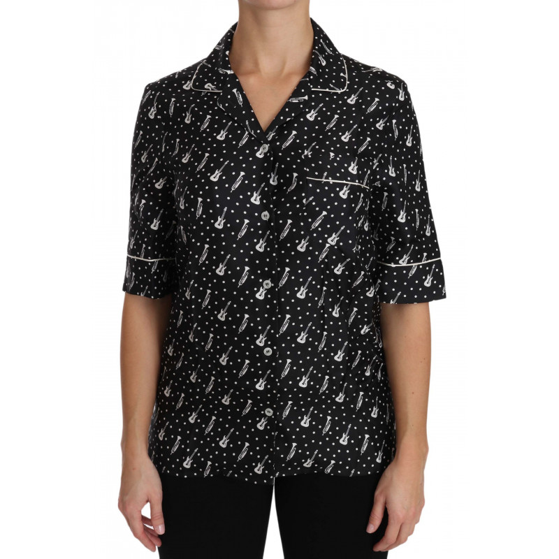 Top nero in seta con stampa chitarra e tromba - IT40-S