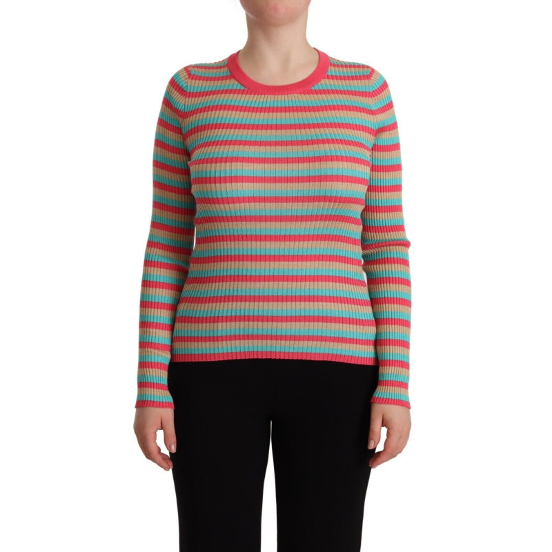 Top pullover girocollo in seta a righe multicolori - IT44-L
