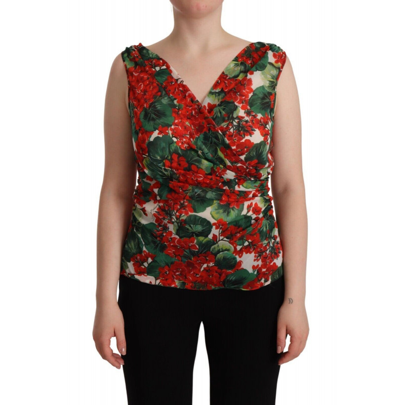 Top senza maniche con scollo a V in seta geranio multicolore - IT46-XL