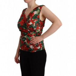 Top senza maniche con scollo a V in seta geranio multicolore - IT46-XL