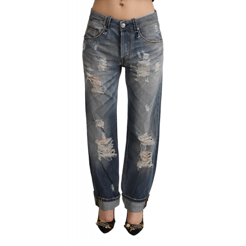 Jeans in cotone denim dritto a vita media blu strappati - W26