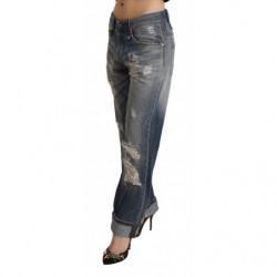 Jeans in cotone denim dritto a vita media blu strappati - W26