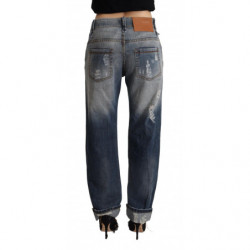 Jeans in cotone denim dritto a vita media blu strappati - W26
