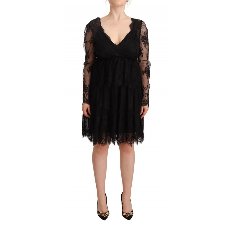 Abito trapezio scollo V maniche lunghe cotone pizzo floreale nero -
