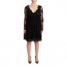 Abito trapezio scollo V maniche lunghe cotone pizzo floreale nero -