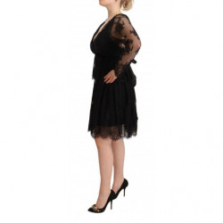 Abito trapezio scollo V maniche lunghe cotone pizzo floreale nero -