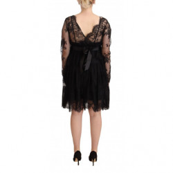 Abito trapezio scollo V maniche lunghe cotone pizzo floreale nero -