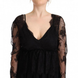 Abito trapezio scollo V maniche lunghe cotone pizzo floreale nero -