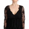 Abito trapezio scollo V maniche lunghe cotone pizzo floreale nero -