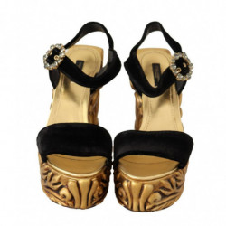 Scarpe in cristallo con tacco in velluto barocco oro nero - EU38/US7.5